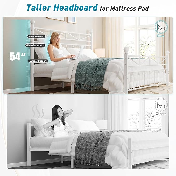 EnHomee 14.2" Queen Size Metal Platform Bed Frame, 54" Tall Headboard and LED Lights, Victorian Vintage Footboard, Under Bed Storage, Heavy Duty Metal Slats & Noise Free, White