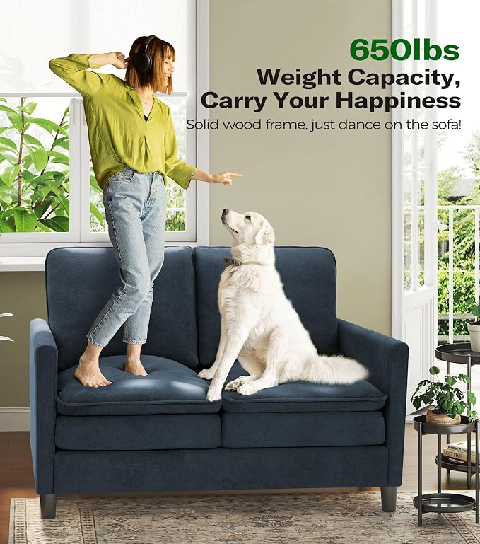 Welzona 3-Layers Cloud Loveseat Sofa, 51" Small Couch for Living Room, Bedroom - Tool-Free Assembly with Teddy Fabric Small Sofa - Blue Grey - Futon Couch - Removable Washable Covers - 650lbs Capacity