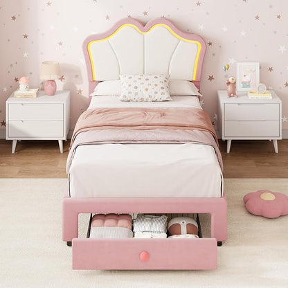 Garvee Twin Bed Frame with Storage, Upholstered LED Bed Frame with Headboard, Cute Velvet Platform Bed Frame for Kids, Girls, Solids Wood Slats Support, No Box Spring Needed, Easy Assembly, Pink+White