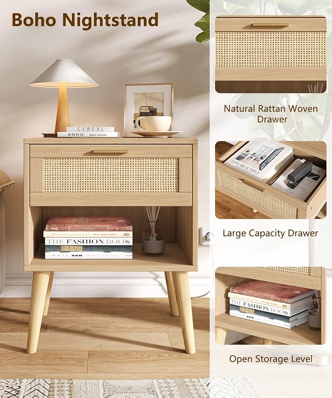 Keehusux 17.7" W x 15.7" D Rattan Nightstand Set of 2, Night Stand with Charging Station, Bedside Table with Open Shelf & Solid Wood Legs, Boho Night Stand with Drawer, End Table for Bedroom, Natural