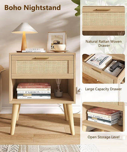 Keehusux 17.7" W x 15.7" D Rattan Nightstand Set of 2, Night Stand with Charging Station, Bedside Table with Open Shelf & Solid Wood Legs, Boho Night Stand with Drawer, End Table for Bedroom, Natural