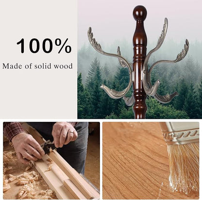 Wooden Coat Rack Freestanding, Hall Tree Hanger With Resin Hooks, Adjustable Heavy Duty Coat Rack for Hanging Clothes Bags Hats in Living Room Bedroom (coat rack, Round Base-Metal hook)