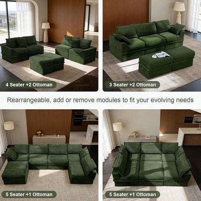 Upgrade Boneless Couch with Storage, Extra Deep&High Seat Modular Sectional Sofa 3 Seater L Shaped Cloud Couch with Ottoman, Tool-Free Assembly Sectional Couches for Living Room, Green