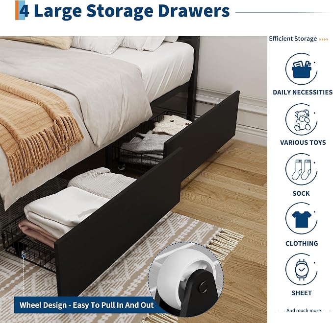 IDEALHOUSE Rattan Bed Frame with Storage Drawers, Boho Queen Led Bed Frame with Strong Metal Slats Support, No Box Spring Needed, Noise-Free Design, Black