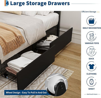 Garvee Rattan Queen Bed Frame with 4 Storage Drawers, Boho Cane Bed Frame with LED Headboard (7 Colors), Strong Metal Slats Support, Noise Free, No Box Spring Needed, Easy Assembly, Black