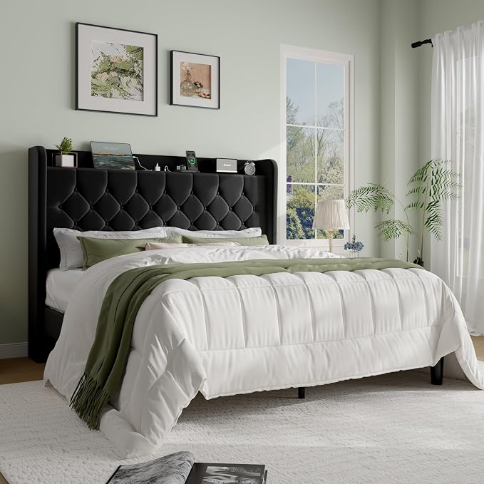 SHA CERLIN Queen Size Platform Bed Frame with Charging Station, Velvet Wingback Headboard with Storage Shelf, Wooden Slats Support, Ample Under-Bed Space, No Box Spring Needed, Easy Assembly, Black