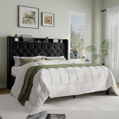 SHA CERLIN Queen Size Platform Bed Frame with Charging Station, Velvet Wingback Headboard with Storage Shelf, Wooden Slats Support, Ample Under-Bed Space, No Box Spring Needed, Easy Assembly, Black