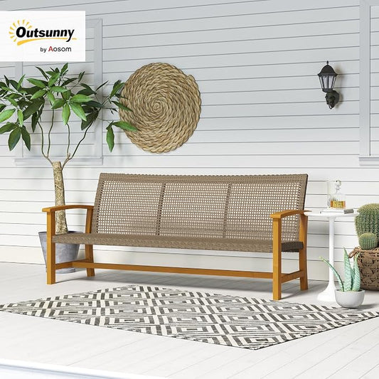 Outsunny Wicker Outdoor Couch, 3-Seat Rattan Outdoor Patio Sofa, 1000 lbs. Capacity, Acacia Wood Patio Furniture Couch with Steel Seat and Armrests for Backyard, Porch, Teak