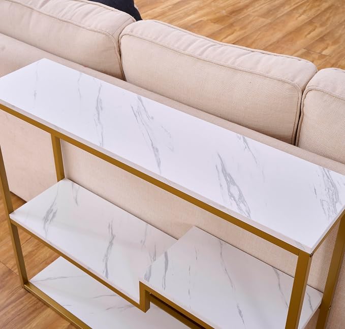 loglus Console Table for Entryway, Faux Marble MDF Sofa Table with Golden Frame, White Marble, 9.45" D x 38.18" W x 31.22" H
