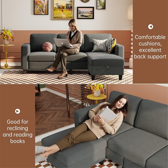 Youmumeub 78" Sectional Sofa Couches for Living Room, 3 Seat L Shaped Convertible Couch with Storage Ottoman, Comfortable Pet-Friendly Velvet Fabric Sofa Set for Small Space, Apartment, Office, Blue