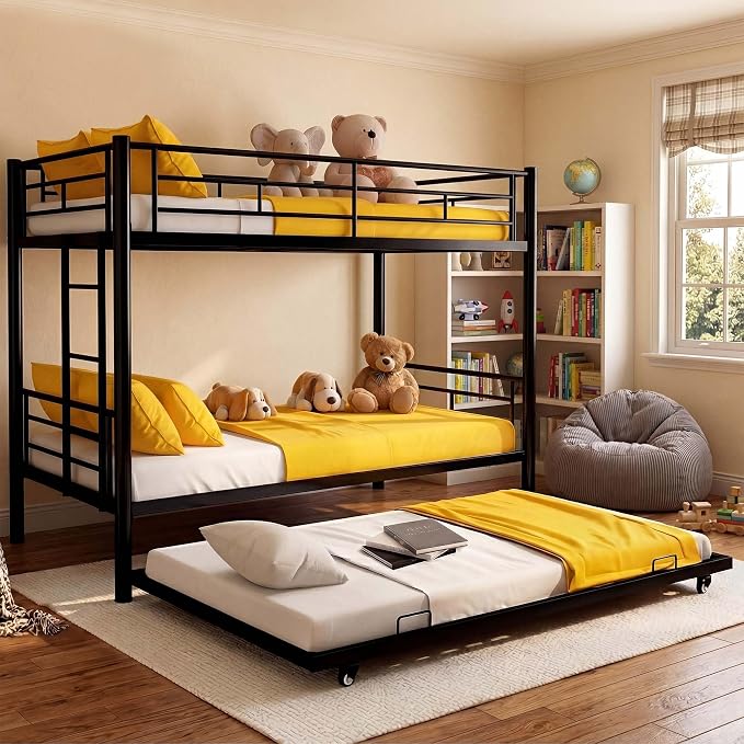 Bunk Bed with Trundle, Metal Twin Bunk Beds with Guardrail and Ladder for Kids/Teenagers/Adults, Space-Saving Bunk Bed Can be Split Into 3 Beds, No Box Spring Needed(Black, with Trundle)
