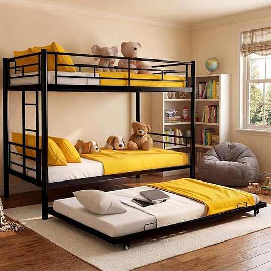 Bunk Bed with Trundle, Metal Twin Bunk Beds with Guardrail and Ladder for Kids/Teenagers/Adults, Space-Saving Bunk Bed Can be Split Into 3 Beds, No Box Spring Needed(Black, with Trundle)