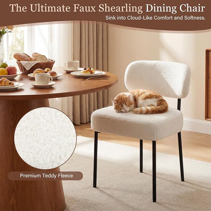Dining Chairs, White Boucle, 6 Pack | Kitchen Dining Room, Curved Backrest, Comfortable Upholstered, Mid Century Modern