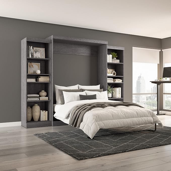 Bestar Pur Queen Murphy Bed and 2 Shelving Units, 115-inch Space-Saving Sleeping Arrangement with Storage in Bark Grey