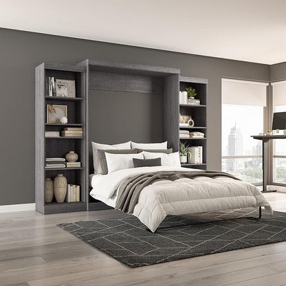 Bestar Pur Queen Murphy Bed and 2 Shelving Units, 115-inch Space-Saving Sleeping Arrangement with Storage in Bark Grey