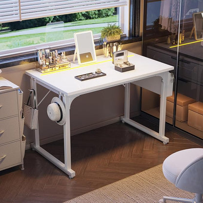 DurayLoly 40" Computer Desk with Waterproof LED Lights,Bedroom Study Desk for Teens,Dorm Room Essentials,Headphone Hook&Storage Bag for Small Spaces,Sturdy Metal Frame,White