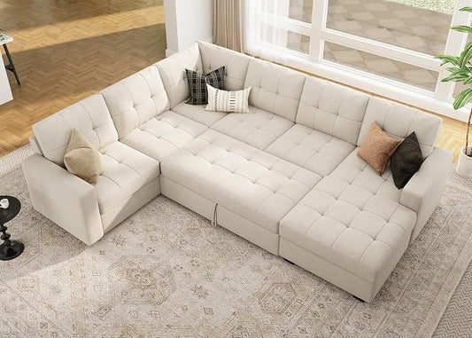 HONBAY Modular Sectional Sleeper Sofa with Pull Out Bed, U Shaped Sleeper Couches with Storage Chaise, 114'' Sleeper Sectional Sofas for Living Room, Apartment (Beige)