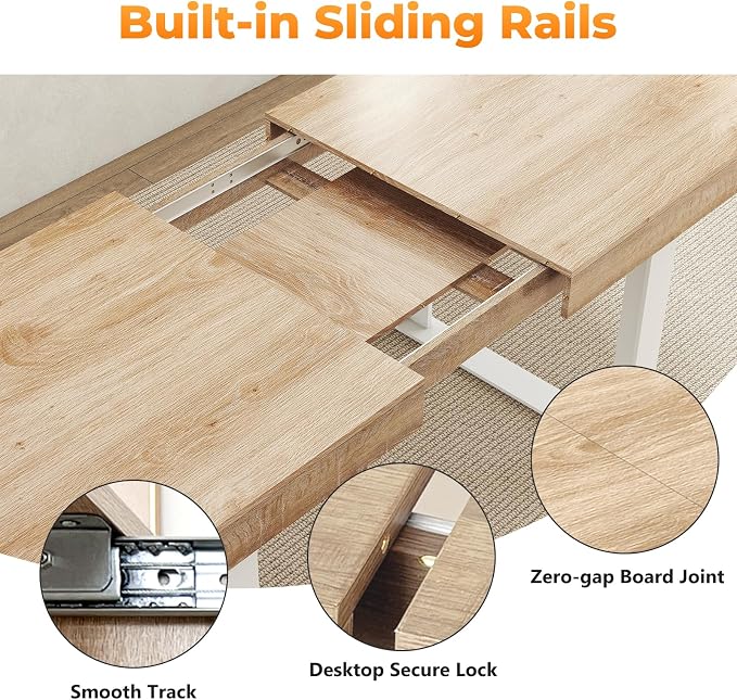 Zevemomo 63"-78.7" Expandable Dining Table, 6-8 Extendable Dining Table, Rectangle Conference Table, Farmhouse Kitchen Table with Slide Track, Tapered U-Shaped Wood Legs for Office, Living Room-Oak