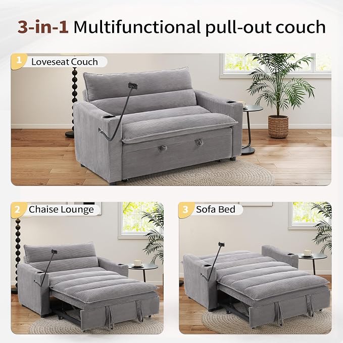 HAOMARKETS 3-in-1 Convertible Loveseat Sleeper Sofa Bed, 2-Seat Pull Out Couch with Cup Holders, Phone Holder and USB Ports, Corduroy 3-Level Adjustable Backrest Couches for Living Room, Grey