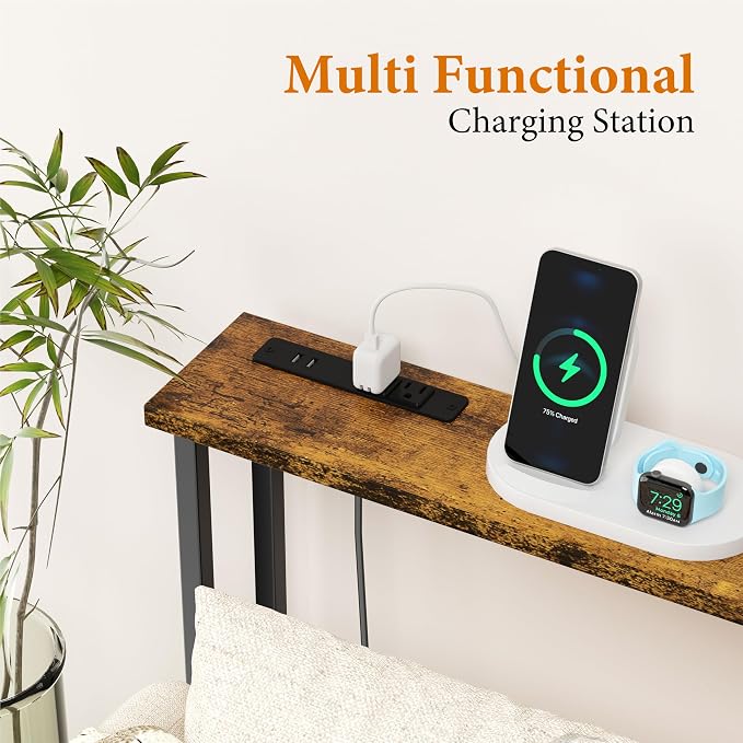 GRLEAF 39" Narrow Console Sofa Table with Built-in Power Strip (2 AC Outlets & 2 USB Ports) – 4.9ft Power Cord, Metal Frame, Easy Assembly, Ideal for Behind Couch, Hallway, and Office | Rustic Brown