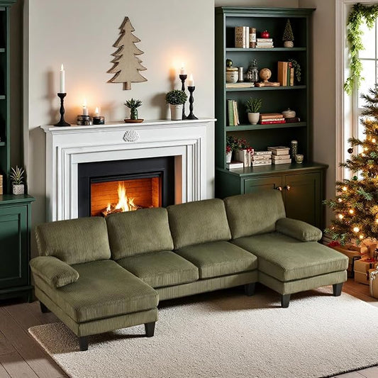 VINGLI 110" Sectional Couches for Living Room,U Shaped Couch with Double Chaise, 4-Seat Sofa Set with Corduroy Fabric for Home Furniture,Green