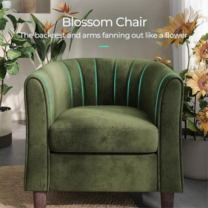 LINSY Accent Chair with Ottoman, Modern Barrel Chair Comfy Armchair Reading Chair with Footrest, Small Round Arms Chair for Living Room Bedroom Reading Room, Velvet, Olive
