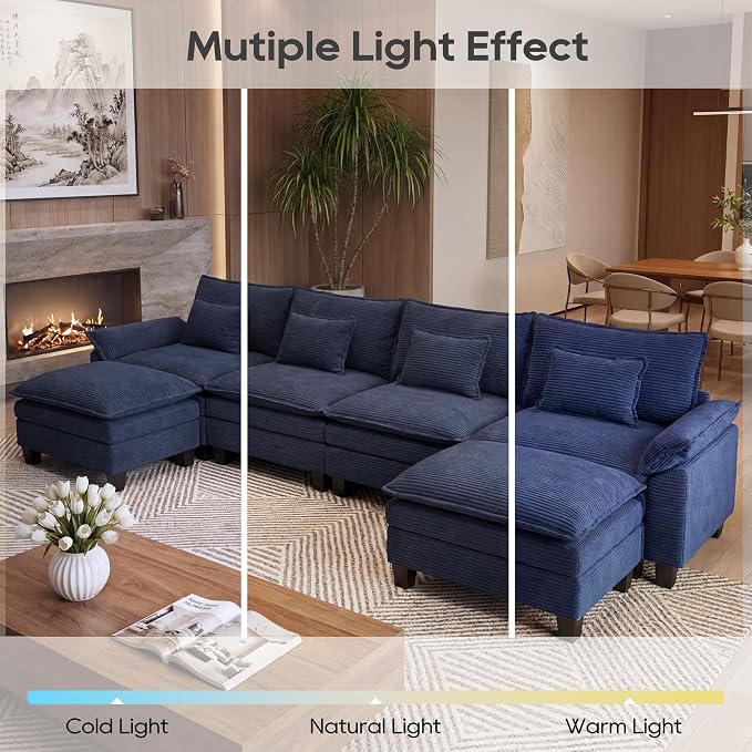 URRED Oversized Modular Sectional Sofa, 157" U Shaped Modern Comfy Cloud Couch with Movable Ottoman & Pillows, Deep Seat Couches for Living Room, Bedroom or Apartment (Corduroy Blue, 157" U Shaped)
