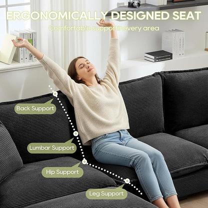 113" Chenille Modular Sectional Sofa, Convertible L Shaped Modular Sofa Comfy Cloud Couch with Ottoman, Side Pockets and 5 Throw Pillows for Living Room (Corduroy Black, 113'' - 4 Seat)