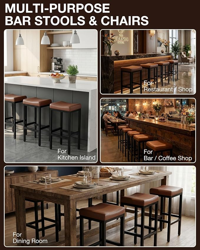 Bar Stools Set of 2-24 Inch Counter Height Chairs for Kitchen Island, Leather Seat with 400 LBS Heavy-Duty Metal Frame and Adjustable Feet, Easy to Assemble for Bar, Café or Dining Room,Brown