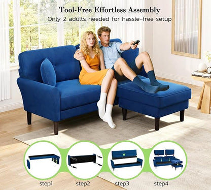 Kidirect Small Sectional Couch, 69" L Shaped Couch, Sectional Sofa, Blue | Comfy Velvet Couch, Tool-Free Setup, 750lb Max Load, Movable Ottoman, Ideal for Living Room, Bedroom, Apartment, Office