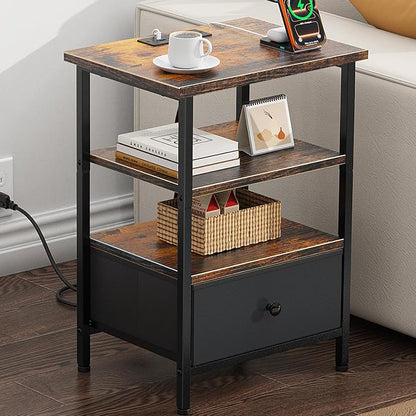 Side Table with Charging Station, Nightstand with Adjustable Fabric Drawer, Bedside Table for Bedrooms, Living Rooms & Home Decor (Brown Black)