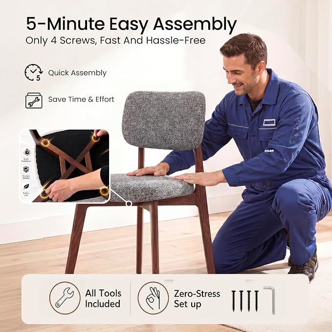 COLAMY Dining Chairs Set of 4, Modern Upholstered Kitchen Room Chairs with Solid Red Oak Wood Legs, 5-Min Easy Assembly Anti-Wobble, High-Weight Fabric Farmhouse Side Chair, 300lbsWalnut,Darkgrey