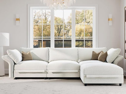 DreamDashio 126" Extra Large Sectional Sofa Cloud Couch with Storage Seat, L Shaped Deep Modular Couches for Living Room with Adjustable Arms, High Backs, 4 Seater, Beige Chenille