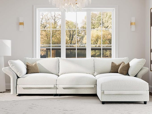 DreamDashio 126" Extra Large Sectional Sofa Cloud Couch with Storage Seat, L Shaped Deep Modular Couches for Living Room with Adjustable Arms, High Backs, 4 Seater, Beige Chenille