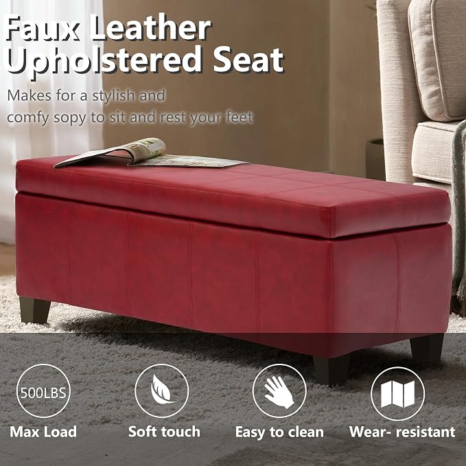 51 Inch Storage Ottoman, Storage Bench with Safety Hinge, Upholstered Synthetic Leather Ottoman Bench for Bedroom, Living Room, Entryway, Hallway, Foot Rest, Support 500lbs