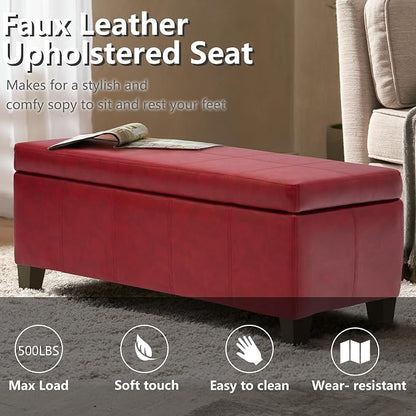 51 Inch Storage Ottoman, Storage Bench with Safety Hinge, Upholstered Synthetic Leather Ottoman Bench for Bedroom, Living Room, Entryway, Hallway, Foot Rest, Support 500lbs