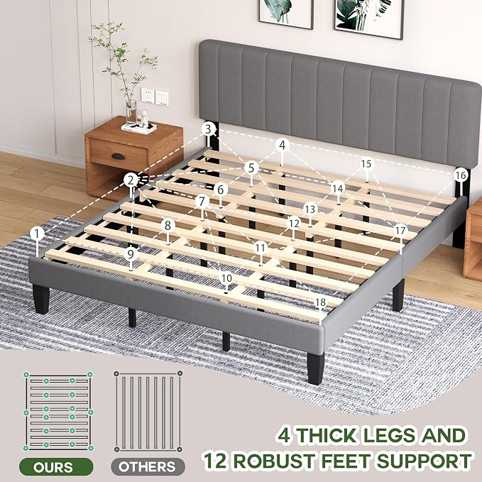 King Size Bed Frame with Velvet Upholstered Platform Bed and Wooden Slats Support, Adjustable Height Headboard/No Box Spring Needed/Easy Assembly/Mattress Foundation