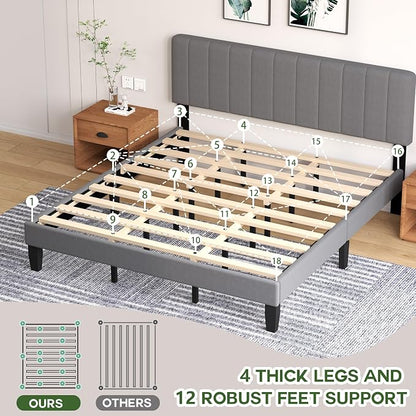 King Size Bed Frame with Velvet Upholstered Platform Bed and Wooden Slats Support, Adjustable Height Headboard/No Box Spring Needed/Easy Assembly/Mattress Foundation