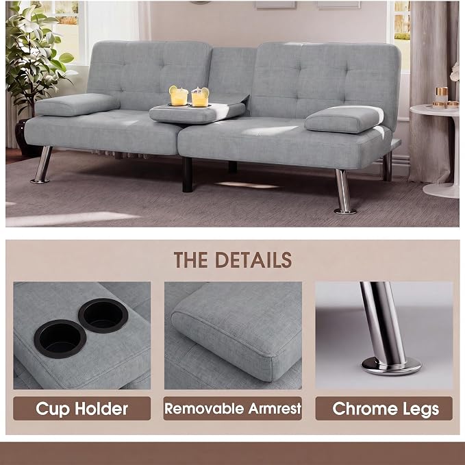 Flamaker Futon Sofa Bed Modern Folding Futon Set Linen Fabric Convertible Recliner Lounge for Living Room with 2 Cup Holders, Removable Armrests (Fabric, Light Grey)