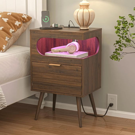 Veegle Nightstand,Modern Bedside Table with Storage Drawer and Open Wood Shelf, Accent Night Stand with Solid Wood Legs for Living Room, Bedroom and Small Spaces,Easy Assembly (Walnut Brown-1)