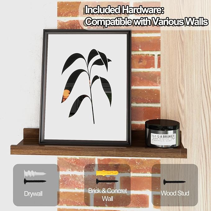 Floating Shelves for Wall Decor, Wall Mounted Wood Storage Shelf for Bedroom, Living Room, Bathroom, Kitchen, Nursery, Rustic Display Picture Ledge Shelf with Lip Set of 2-16 Inches, Walnut