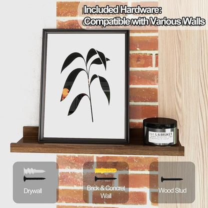 Floating Shelves for Wall Decor, Wall Mounted Wood Storage Shelf for Bedroom, Living Room, Bathroom, Kitchen, Nursery, Rustic Display Picture Ledge Shelf with Lip Set of 2-16 Inches, Walnut