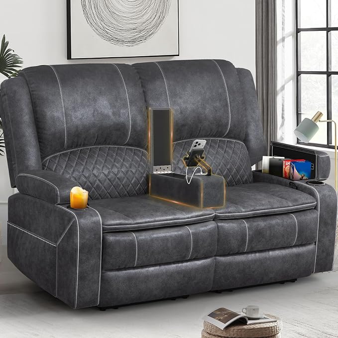 Yolsali Loveseat Recliner Sofa, Manual Reclining Loveseat with Removable Armrest, Dutch Velvet Recliner Loveseat for Adults with 2-Tier Cushions, USB Charging Ports, Cup Holders - Grey