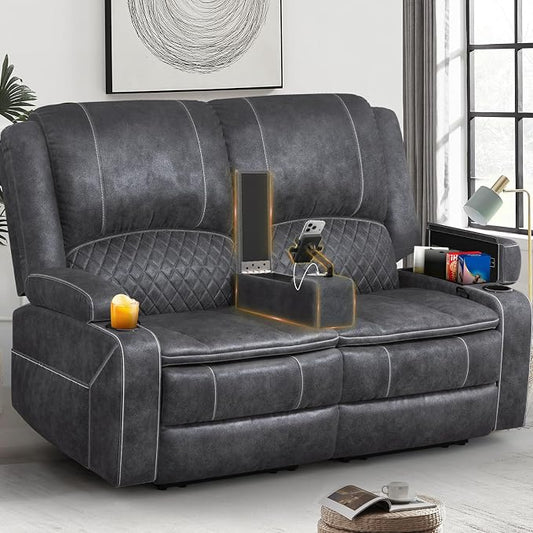 Yolsali Loveseat Recliner Sofa, Manual Reclining Loveseat with Removable Armrest, Dutch Velvet Recliner Loveseat for Adults with 2-Tier Cushions, USB Charging Ports, Cup Holders - Grey