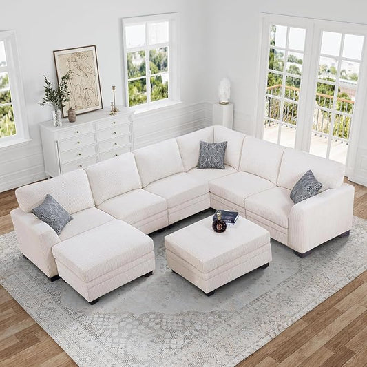Legend Vansen Oversized Modular Sectional Sofa,8 Seat U Shaped Couch with Ottoman,Corduroy Sofa with Deep Seat,Convertible Large Sectional Couches for Living Room(Cream, U-8)