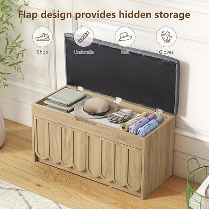 ORRD Shoe Storage Bench with Cushion, Entryway Shoe Cabinet Bench with 2 Scalloped Doors & Adjustable Shelf, 2-Tier Shoe Rack Organizer Cabine for Entryway, Hallway, Living Room (Natural)