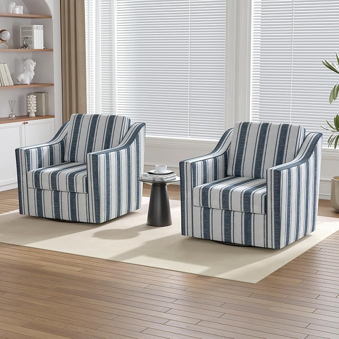 Swivel Accent Chairs Set of 2, 360° Swivel Upholstered Club Armchairs for Living Room, Comfy Fabric Single Sofa Reading Chair with Deep Seat, Metal Swivel Base, Navy