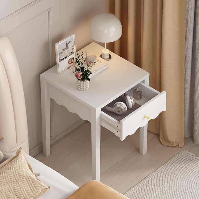 Nightstand with Drawer and Open Shelf, Scalloped Edge End Table for Sofa, Slim White Bedside Table for Girls Bedroom, Dorm, Coquette Preppy Room Decor