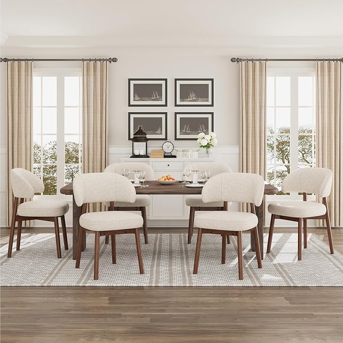 MALOL Wooden Dining Chairs Set of 2, Modern Upholstered Dining Room Chair, Fabric Kitchen Side Chairs with Curved Open Back for Living Room/Restaurant/Cafe, Beige