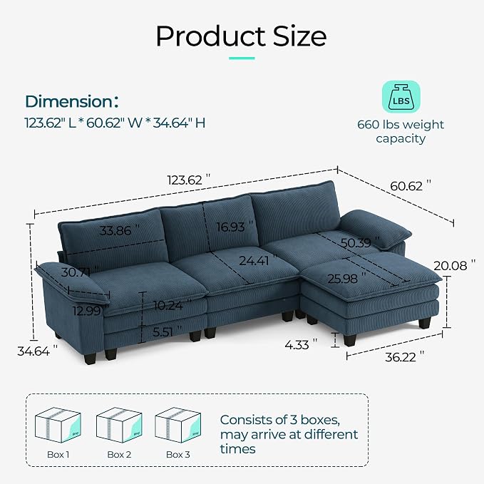 LINSY HOME 123'' Modular Sectional Sofa 3 Seat Couch Corduroy Cloud Couch with Deep Seat, Modern L-Shaped Cloud Couch with 1 Movable Ottoman for Living Room, Office, Bedroom, Blue